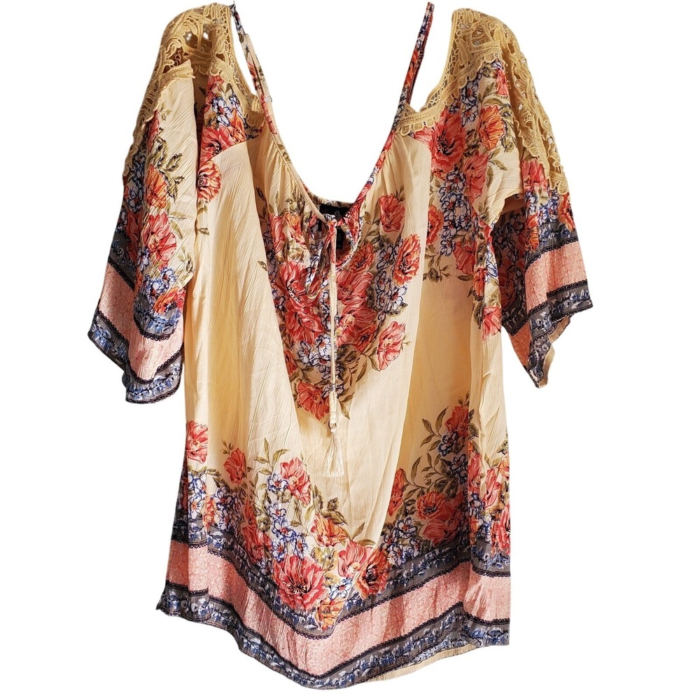 Angie Tunic Top Womens 1X Multicolor Floral‎ Crochet Lace Boho Peasant Festival